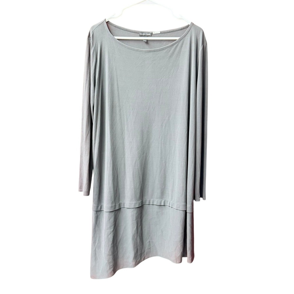 Eileen Fisher Silk Tunic Dress Women L Grey Asymmetrical Layered Hem Long Sleeve